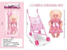 12寸搪胶头/吹瓶身活眼娃娃+推车