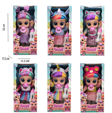 14-inch Cry baby's whole body is covered with glue 5D eyes and hair, new animal series crying doll can drink water and shed tears, bring music, and a nipple and bottle (6 models mixed)