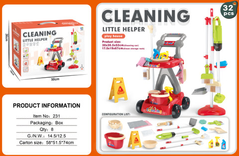 Cleaning cart set 32PCS (with vacuum cleaner, 3 AA capsules without electricity) red