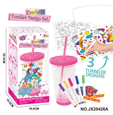 DIY graffiti pink double straw cup-unicorn / mermaid series (500ML, removable, 3 inserts, 5 color pens, 1 pack of sequins)