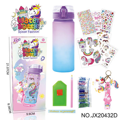 Upgraded version: DIY Diamond Violet Blue gradient Water bottle-Unicorn (600MLMagol 4 drill stickers, 2 tattoo stickers, 1 key chain)