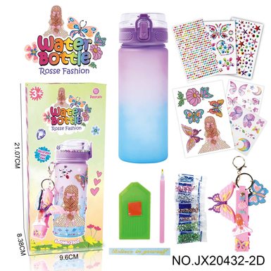 Upgraded version: DIY Diamond Violet Blue gradient Water bottle-Girl (600MLMagol 4 drill stickers, 2 tattoo stickers, 1 key chain)