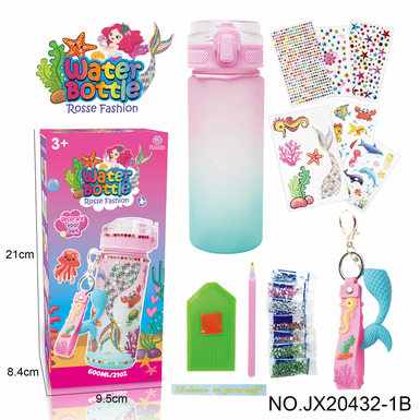 Upgraded version: DIY diamond pink green gradient water bottle-mermaid (600MLMagol 4 drill stickers, 2 tattoo stickers, 1 key chain)