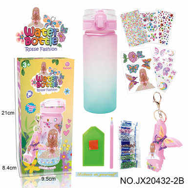 Upgraded version: DIY Diamond Pink Green gradual Water bottle-Girl (600MLMagol 4 drill stickers, 2 tattoo stickers, 1 key chain)
