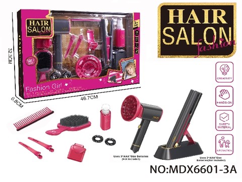 Electric simulation hairdressing set (13-piece set with blowing tube and hair stick) Girl's play toy set