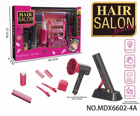 Electric simulation hairdressing set (12-piece set with blowing tube and hair stick) Girl's play toy set