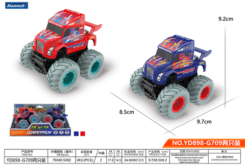 Inertia truck toy with long head and large wheels