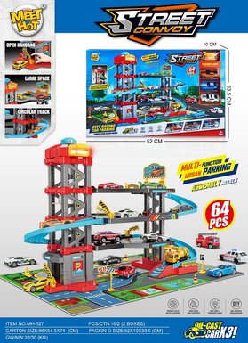Lighting, music, lifting, 4-story race car parking lot with 3 alloy cars, map and road signs (including 3 * AG13 batteries)