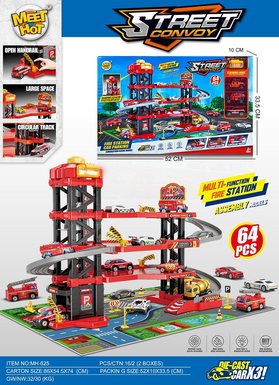 Multi functional lighting, music, city, four story elevated parking lot, fire protection kit with 3 alloy cars (including 3 AG13 batteries)