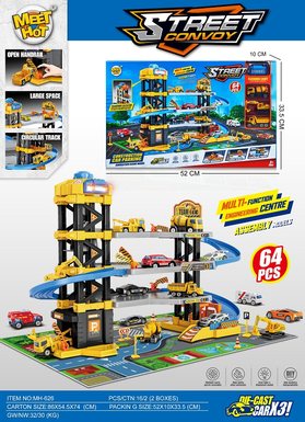 Multi functional lighting and music city four story elevated parking lot project package with 3 alloy cars (including 3 AG13 batteries)