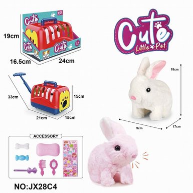 Electric Plush Red and White Walking Rabbit+Display Box Hand Pulling Cage+Accessories (with crawling and sound) Not included 2 size 5 batteries