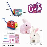 电动毛绒红白走路兔+手拉笼子+饰品（有爬行跟声音）不包2粒5号电池