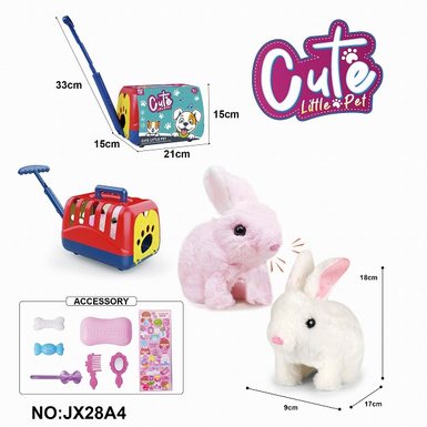 Electric plush red and white walking rabbit+hand pulled cage+accessories (with crawling and sound) without 2 size 5 batteries included