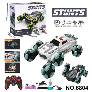2.4G stunt police six wheel remote control vehicle with lights and spray