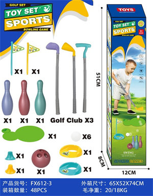 3 golf clubs+2 sets of hole flag ball positions, 6 balls+1 fiber non-woven fabric 64x72cm+3 bowling bottles+1 ball
