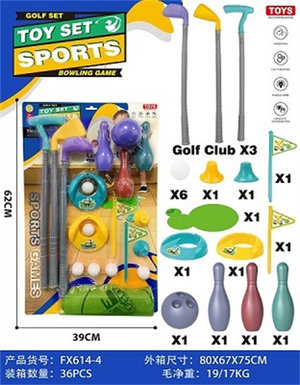 3 golf clubs+2 sets of hole flag ball positions, 6 balls+1 fiber non-woven fabric 64x72cm+3 bowling bottles+1 ball