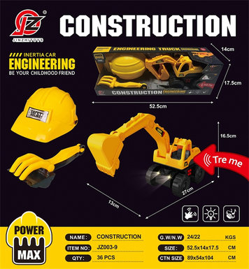 Inertia engineering excavator + 2 sand shovel + engineering cap (with light and sound) (yellow) (without electricity) inertia car toy