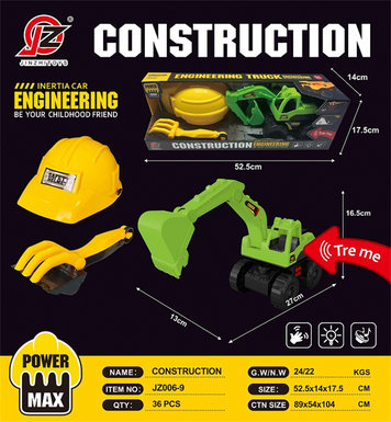 Inertia engineering excavator + 2 sand shovel + engineering cap (with light and sound) (green) (without electricity) inertia car toy