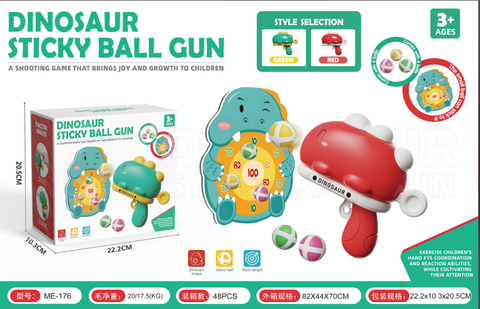 Dinosaur ball gun with adhesive ball target