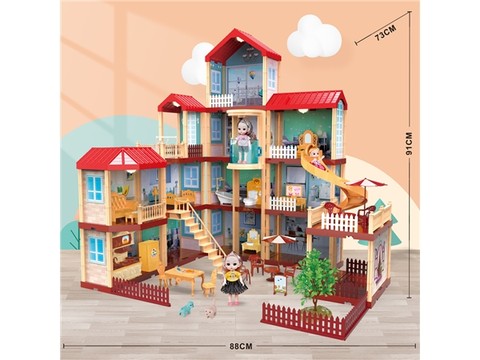 Self-installed villa with lighting +2 6-inch Barbie, 1 4-inch Barbie, 1 family toy, self-installed educational toys