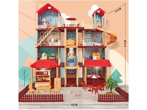 Self-installed villa with lighting +2 6-inch Barbie, 1 4-inch Barbie, 1 family toy, self-installed educational toys