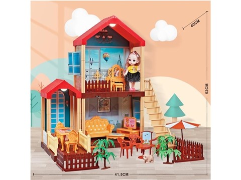 Self-installed villa house with lights + 6-inch Barbie 1 family toy equipped with educational toy