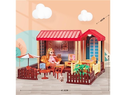 Self-installed villa house with lights + 6-inch Barbie 1 family toy equipped with educational toy