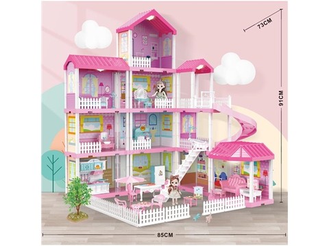 Self-installed villa house with lights + 6-inch Barbie 2 family toys equipped with educational toys