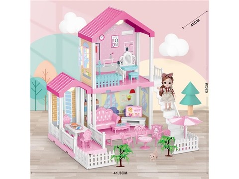 Self-installed villa house with lights + 6-inch Barbie 1 family toy equipped with educational toy