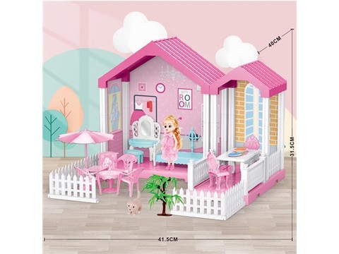 Self-installed villa house with lights + 6-inch Barbie 1 family toy equipped with educational toy