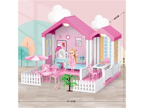 Self-installed villa house with lights + 6-inch Barbie 1 family toy equipped with educational toy