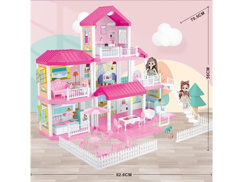 Self-installed villa house with lights + 6-inch Barbie 2 family toys equipped with educational toys