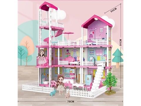 Self-installed villa house with lights + 6-inch Barbie 2 family toys equipped with educational toys