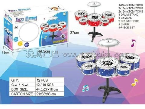 Jazz drums with chairs, toys blue and red