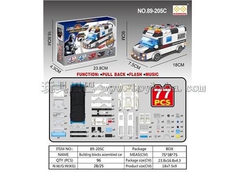 Pull back and assemble building blocks. Special police escort vehicle with lights and music.