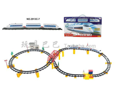 Electric three-dimensional rail train with flyover. Aisle station. Building (with lights, 84PCS)