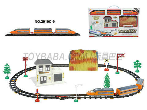 Electric rail trains with waiting buildings and caves (48PCS)
