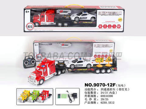 Remote-controlled tractor pulls 1 inertial Ferrari police car +2 road signs