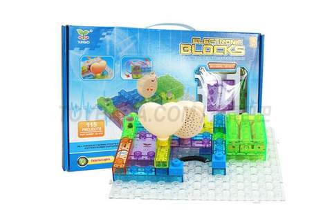 115Pop (34PCS) electric building blocks (big box) 1, UFO 2, police car sound, machine gun sound, space war sound, music sound, fire car sound 3, electric fan 4, medium and slow flashing light bulb 5, keyed variable speed electric fan