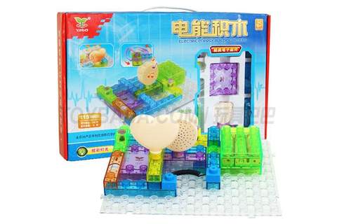 115Pop (34PCS) electric building blocks (big box) 1, UFO 2, police car sound, machine gun sound, space war sound, music sound, fire car sound 3, electric fan 4, medium and slow flashing light bulb 5, keyed variable speed electric fan