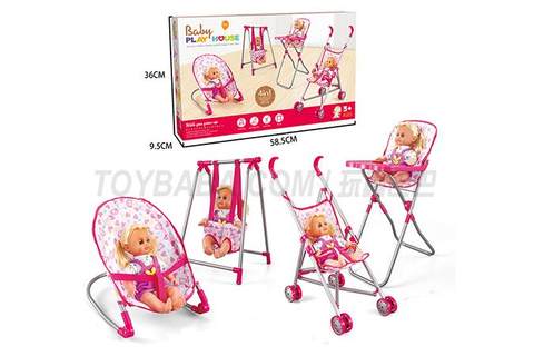 Baby toy set four-piece set (iron cart, swing, dining chair, rocking chair)+14IC doll