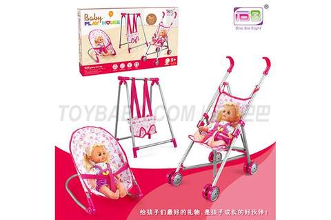 Baby toy set three-piece set (rocking chair, swing, iron cart)+14 "IC doll