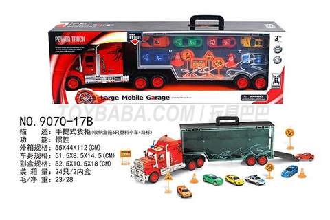 Hand-held container truck (storage box towing 6 plastic trolleys + road signs)