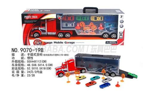 Hand-held container truck (storage box towing 6 plastic trolleys + road signs)