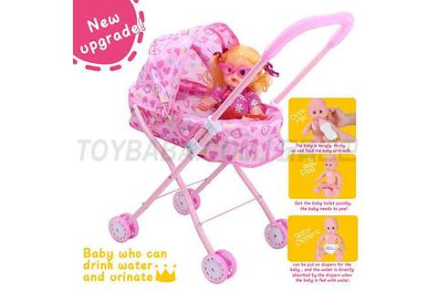 14 doll + baby sunshade trolley (baby drink water pee, with bottle, toilet and diaper) upgrade