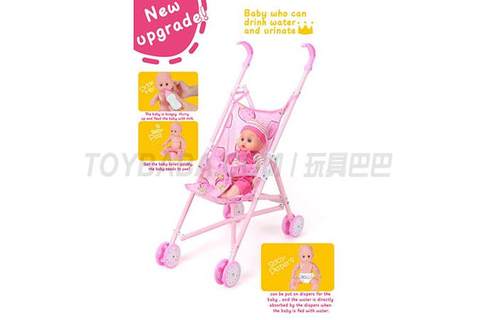 Baby stroller + 12 dolls (baby drink water pee, with bottle, toilet and diaper) upgrade