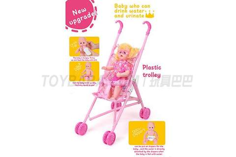 Plastic stroller + 12 dolls (baby drink water pee, with bottle, toilet and diaper) upgrade
