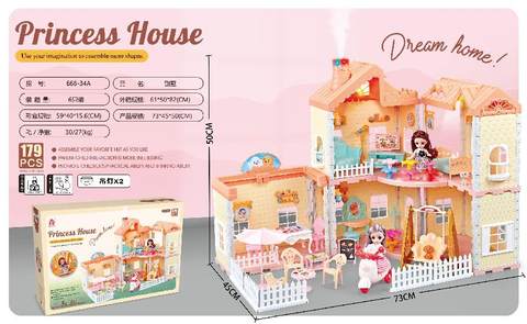 Self-assembled villa roof with light, chimney with spray and light +2 4.5-inch articulated dolls