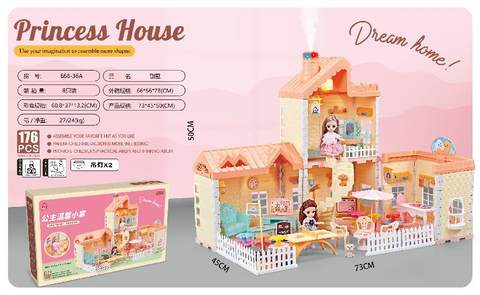 Self-assembled villa roof with light, chimney with spray and light +2 4.5-inch articulated dolls