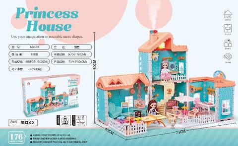Self-assembled villa roof with light, chimney with spray and light +2 4.5-inch articulated dolls